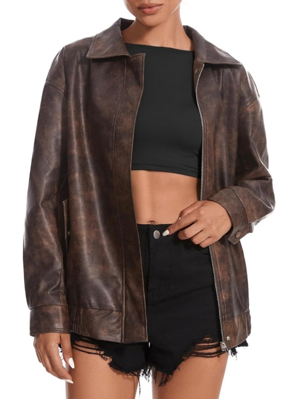 Women's Brown Poly urethane Oversized Motorcycle Zipper Casual Leather Jacket
